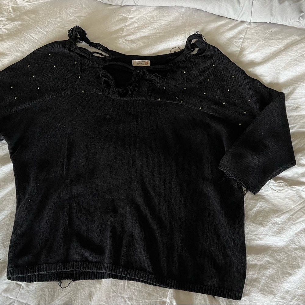 Route 66 Black Distressed Knit Top